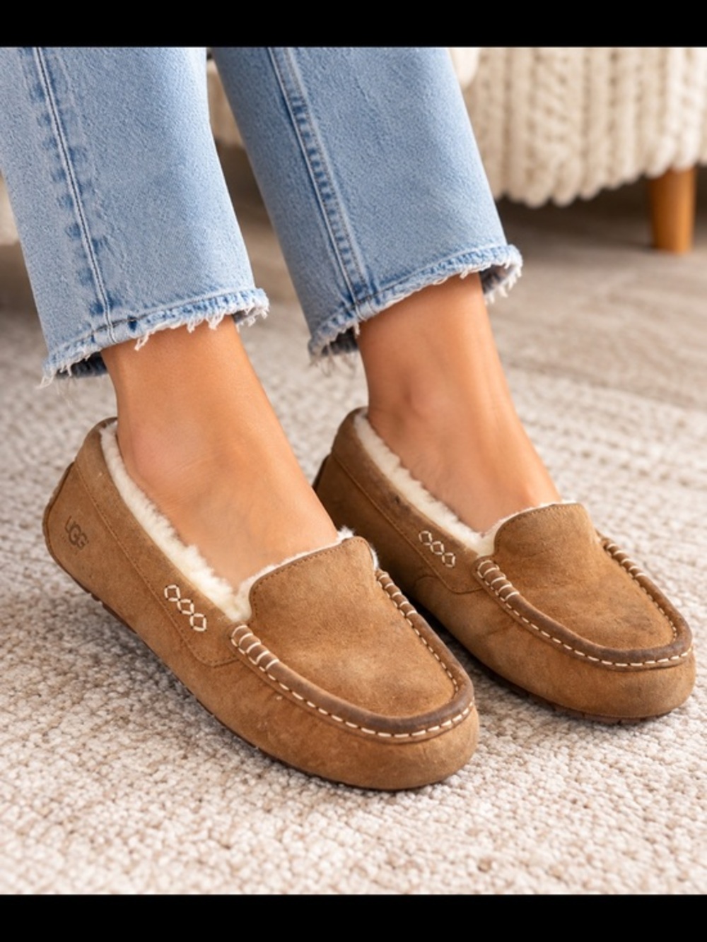 UGG Ansley Brown Suede Shearling Lined Moccasin Slippers Women’s Size 7